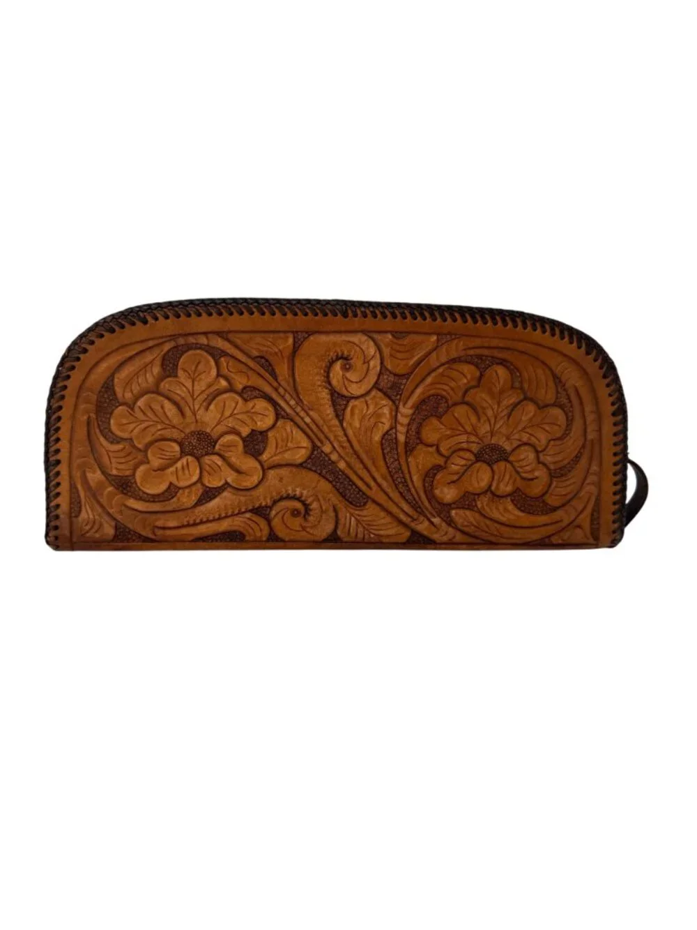 Vintage Tooled Leather Clutch Floral Brown Zipper Pouch 12 Inch Boho Western 197 - Picture 2 of 10
